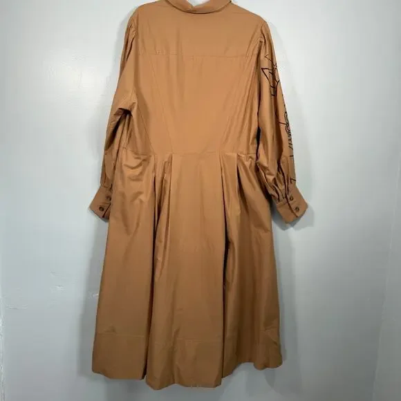 Anthropologie Printed Poplin Shirtdress 18 Tan Floral Line Art Midi Dress - Picture 4 of 9